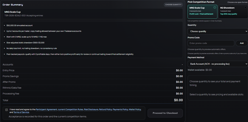 Cropped Tradesera checkout screen showing competition selection, order summary, quantity, promo code, payment method, and agreement controls.