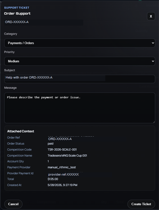 Cropped Tradesera support ticket form showing category, priority, message, and masked attached context.