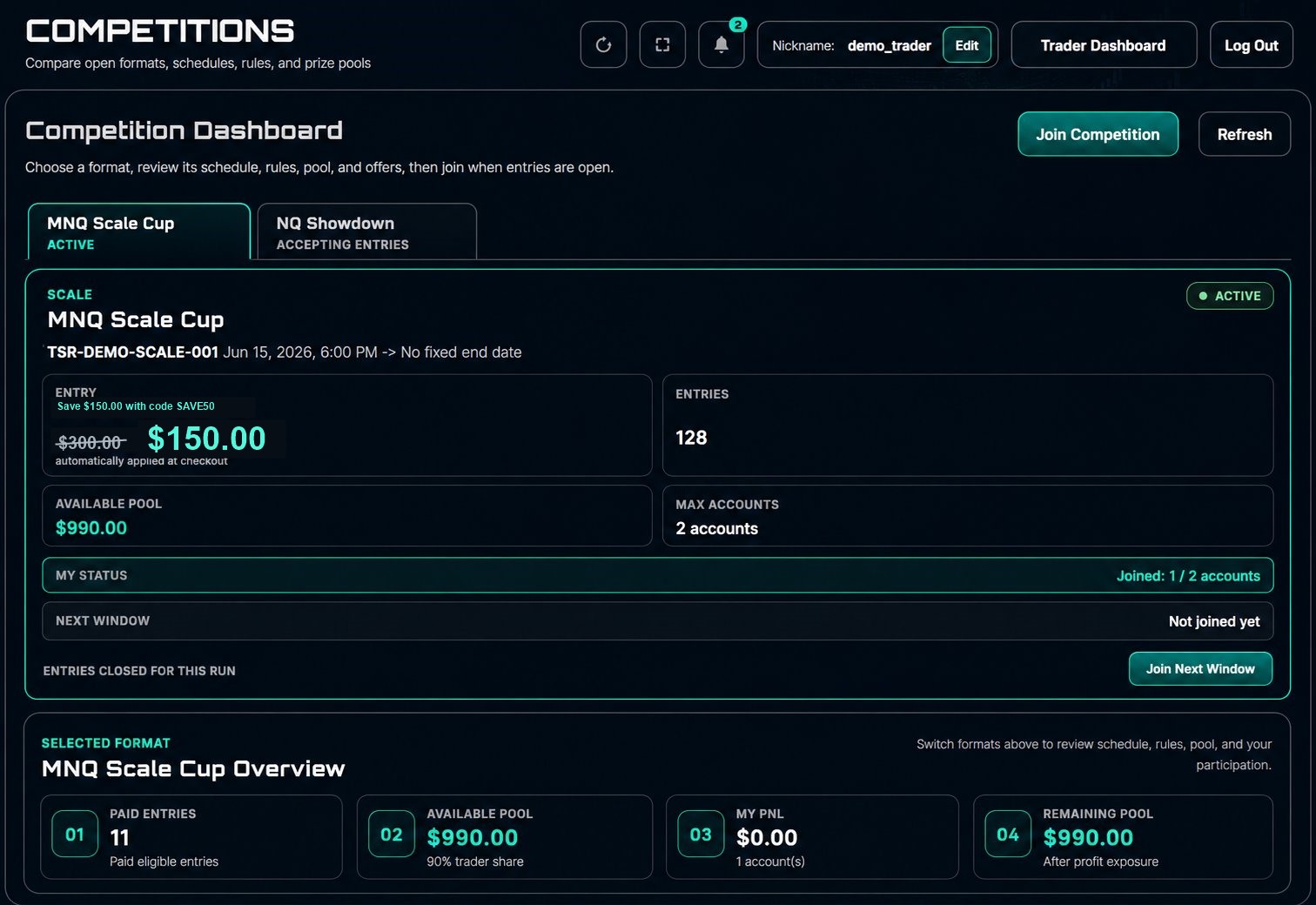 Demo Tradesera competitions dashboard with formats, entries, and participation status