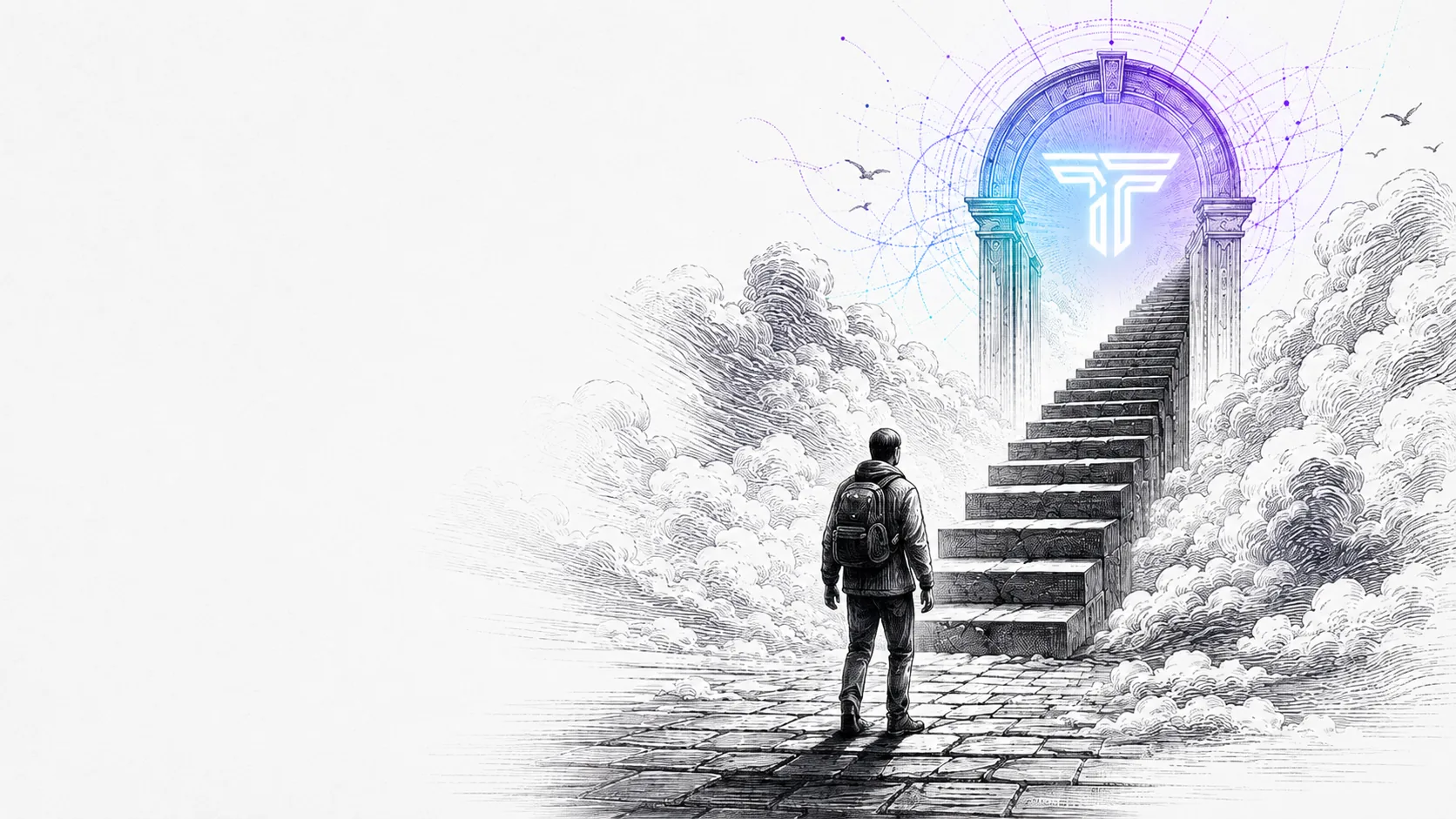 A lone competitor walking toward a glowing Tradesera portal, representing the transition from prediction to performance.
